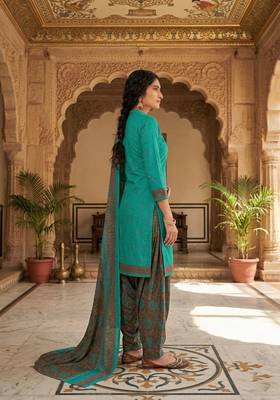 Teal printed cotton blend stitched geometric print salwar kurta dupatta for women 2