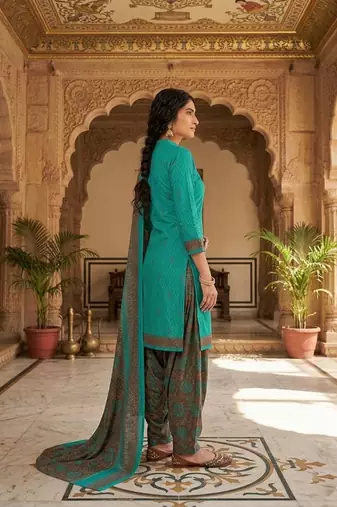 Teal printed cotton blend stitched geometric print salwar kurta dupatta for women