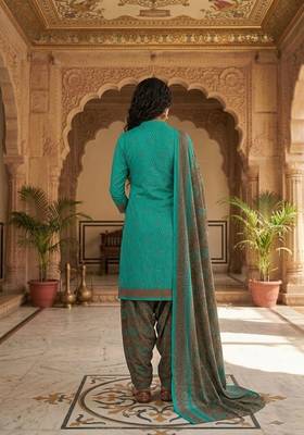 Teal printed cotton blend stitched geometric print salwar kurta dupatta for women 3