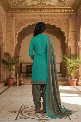 Teal printed cotton blend stitched geometric print salwar kurta dupatta for women