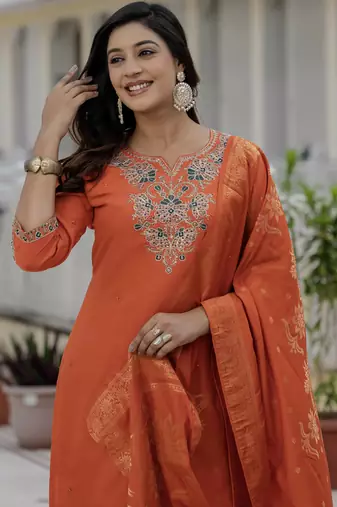 Orange coding embroidery with sequins work  roman silk straight kurti pant dupatta set