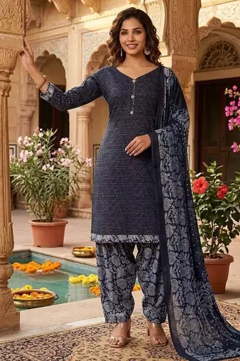 Blue printed cotton blend stitched geometric print salwar kurta dupatta for women