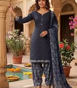 Blue printed cotton blend stitched geometric print salwar kurta dupatta for women