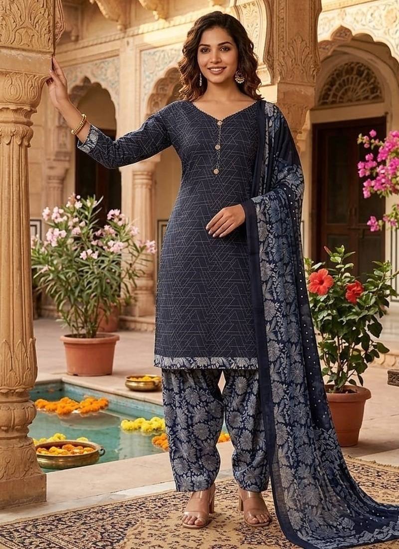 Blue printed cotton blend stitched geometric print salwar kurta dupatta for women