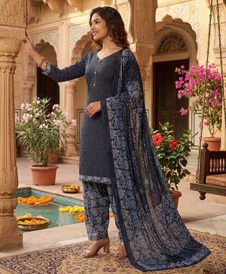 Blue printed cotton blend stitched geometric print salwar kurta dupatta for women 2