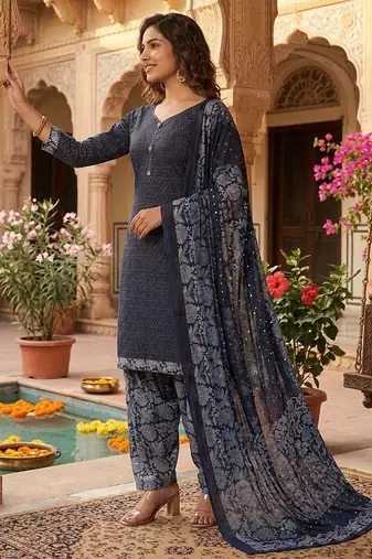 Blue printed cotton blend stitched geometric print salwar kurta dupatta for women