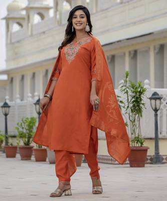 Orange coding embroidery with sequins work roman silk straight kurti pant dupatta set 5
