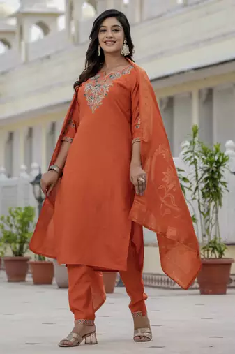 Orange coding embroidery with sequins work  roman silk straight kurti pant dupatta set