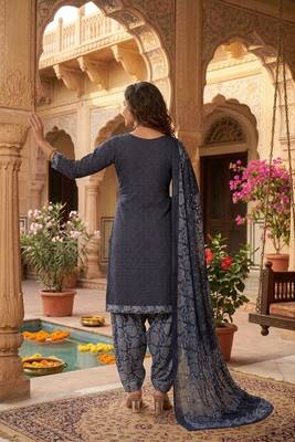 Blue printed cotton blend stitched geometric print salwar kurta dupatta for women 3