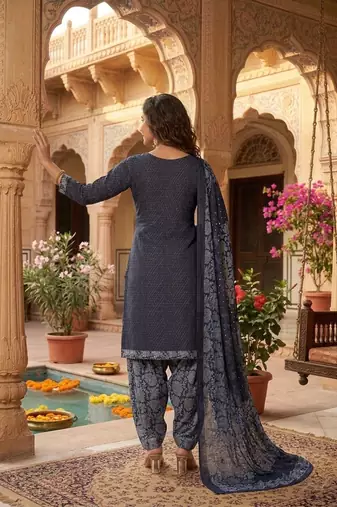Blue printed cotton blend stitched geometric print salwar kurta dupatta for women