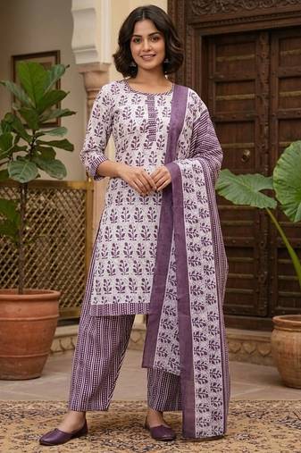 Purple printed cotton blend stitched floral print salwar kurta dupatta for women