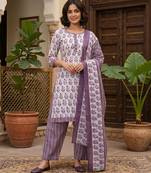 Purple printed cotton blend stitched floral print salwar kurta dupatta for women