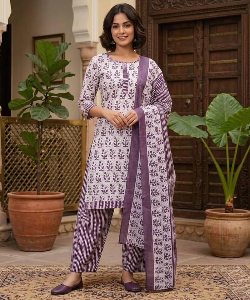 Purple printed cotton blend stitched floral print salwar kurta dupatta for women