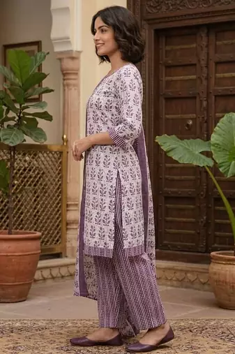 Purple printed cotton blend stitched floral print salwar kurta dupatta for women