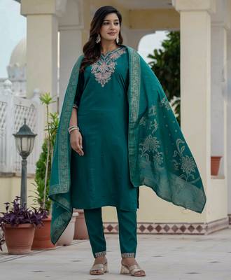 Rama green coding embroidery with sequins work roman silk straight kurti pant dupatta set 1