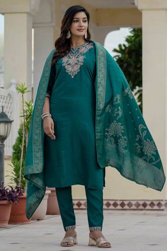Rama green coding embroidery with sequins work  roman silk straight kurti pant dupatta set