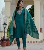 Rama green coding embroidery with sequins work  roman silk straight kurti pant dupatta set