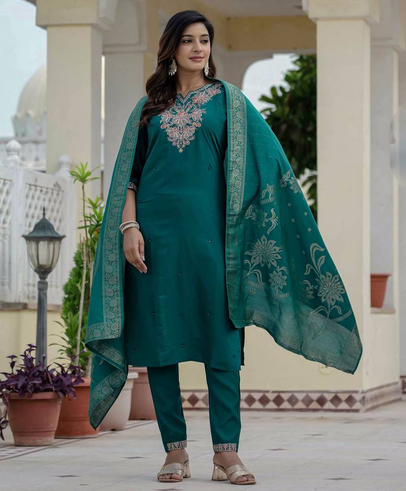 Rama green coding embroidery with sequins work  roman silk straight kurti pant dupatta set
