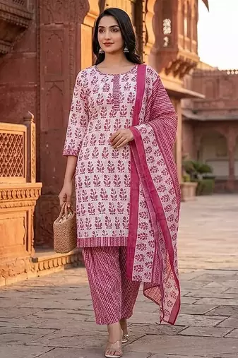 Pink printed cotton blend stitched floral print salwar kurta dupatta for women