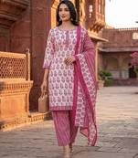 Pink printed cotton blend stitched floral print salwar kurta dupatta for women