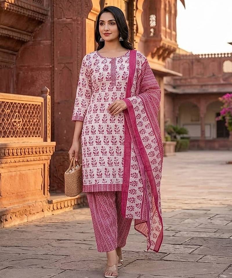 Pink printed cotton blend stitched floral print salwar kurta dupatta for women