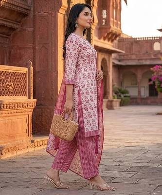 Pink printed cotton blend stitched floral print salwar kurta dupatta for women 2