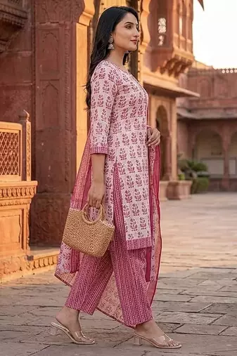 Pink printed cotton blend stitched floral print salwar kurta dupatta for women