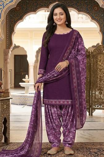 Purple printed cotton blend stitched floral print salwar kurta dupatta for women