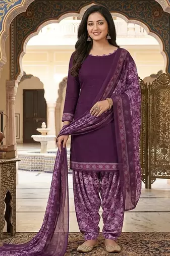 Purple printed cotton blend stitched floral print salwar kurta dupatta for women