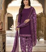 Purple printed cotton blend stitched floral print salwar kurta dupatta for women