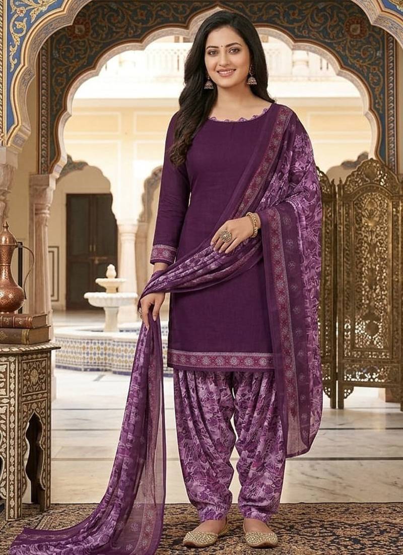 Purple printed cotton blend stitched floral print salwar kurta dupatta for women