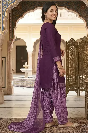 Purple printed cotton blend stitched floral print salwar kurta dupatta for women