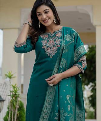 Rama green coding embroidery with sequins work roman silk straight kurti pant dupatta set 3