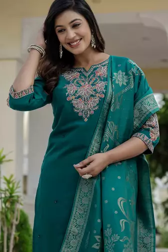 Rama green coding embroidery with sequins work  roman silk straight kurti pant dupatta set