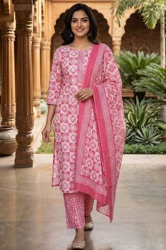 Pink printed cotton blend stitched geometric print salwar kurta dupatta for women