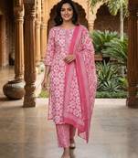 Pink printed cotton blend stitched geometric print salwar kurta dupatta for women