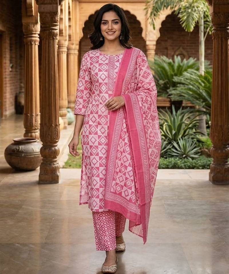 Pink printed cotton blend stitched geometric print salwar kurta dupatta for women