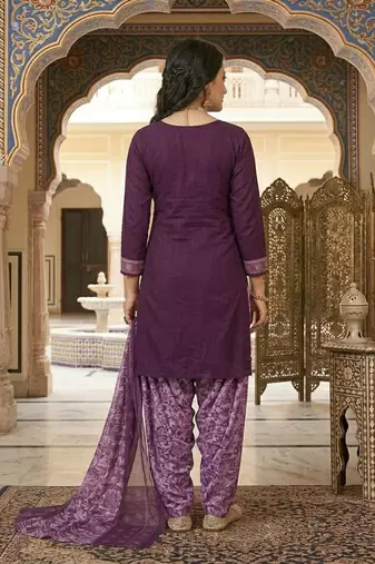 Purple printed cotton blend stitched floral print salwar kurta dupatta for women
