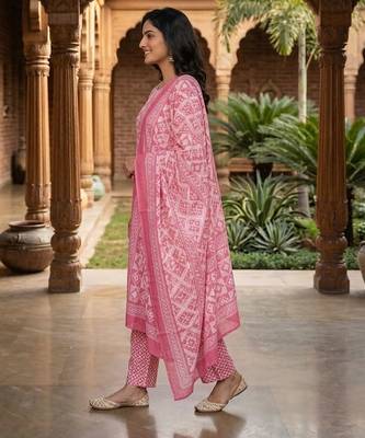 Pink printed cotton blend stitched geometric print salwar kurta dupatta for women 2