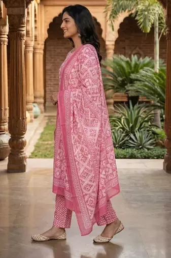 Pink printed cotton blend stitched geometric print salwar kurta dupatta for women