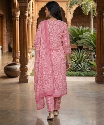 Pink printed cotton blend stitched geometric print salwar kurta dupatta for women 3