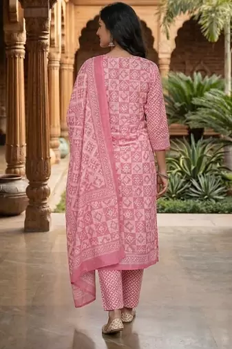 Pink printed cotton blend stitched geometric print salwar kurta dupatta for women