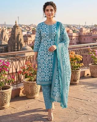 Teal printed cotton blend stitched geometric print salwar kurta dupatta for women 1