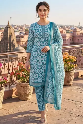 Teal printed cotton blend stitched geometric print salwar kurta dupatta for women