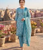 Teal printed cotton blend stitched geometric print salwar kurta dupatta for women