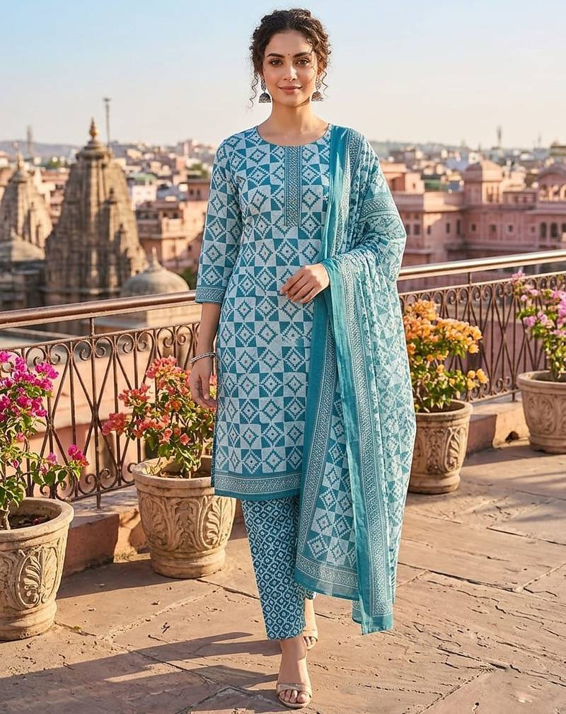 Teal printed cotton blend stitched geometric print salwar kurta dupatta for women