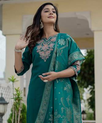 Rama green coding embroidery with sequins work roman silk straight kurti pant dupatta set 4