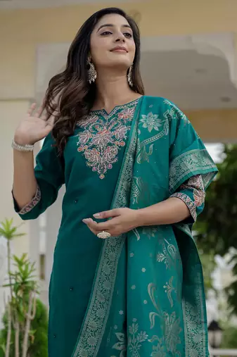 Rama green coding embroidery with sequins work  roman silk straight kurti pant dupatta set