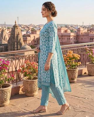 Teal printed cotton blend stitched geometric print salwar kurta dupatta for women 2