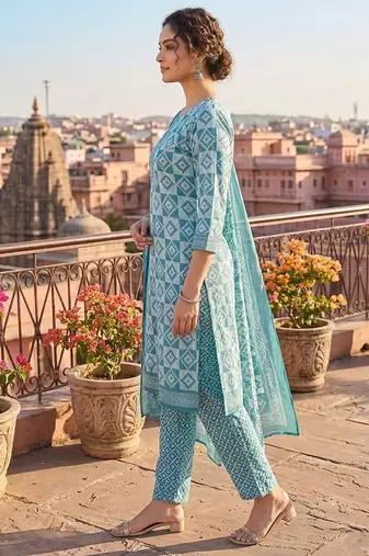 Teal printed cotton blend stitched geometric print salwar kurta dupatta for women
